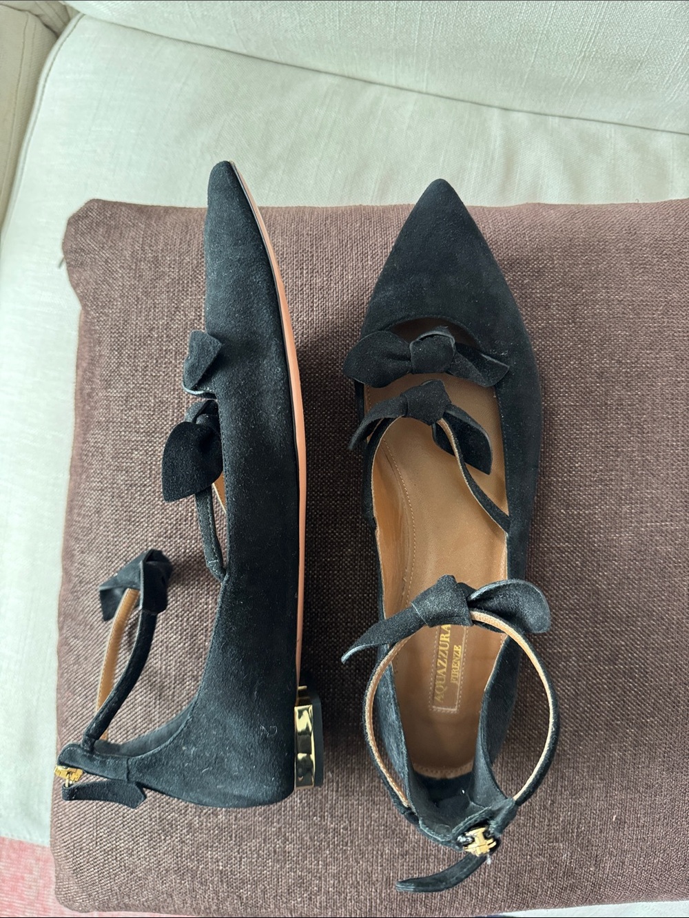 Aquazzura Black Suede Pointed Toe Bow Flats with Ankle Strap